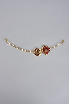 Gold Finish Kemp Stone & Pearl Beaded Temple Mathapatti