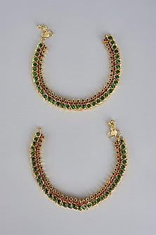 Gold Finish Kemp Stone Temple Anklets (Set of 2)