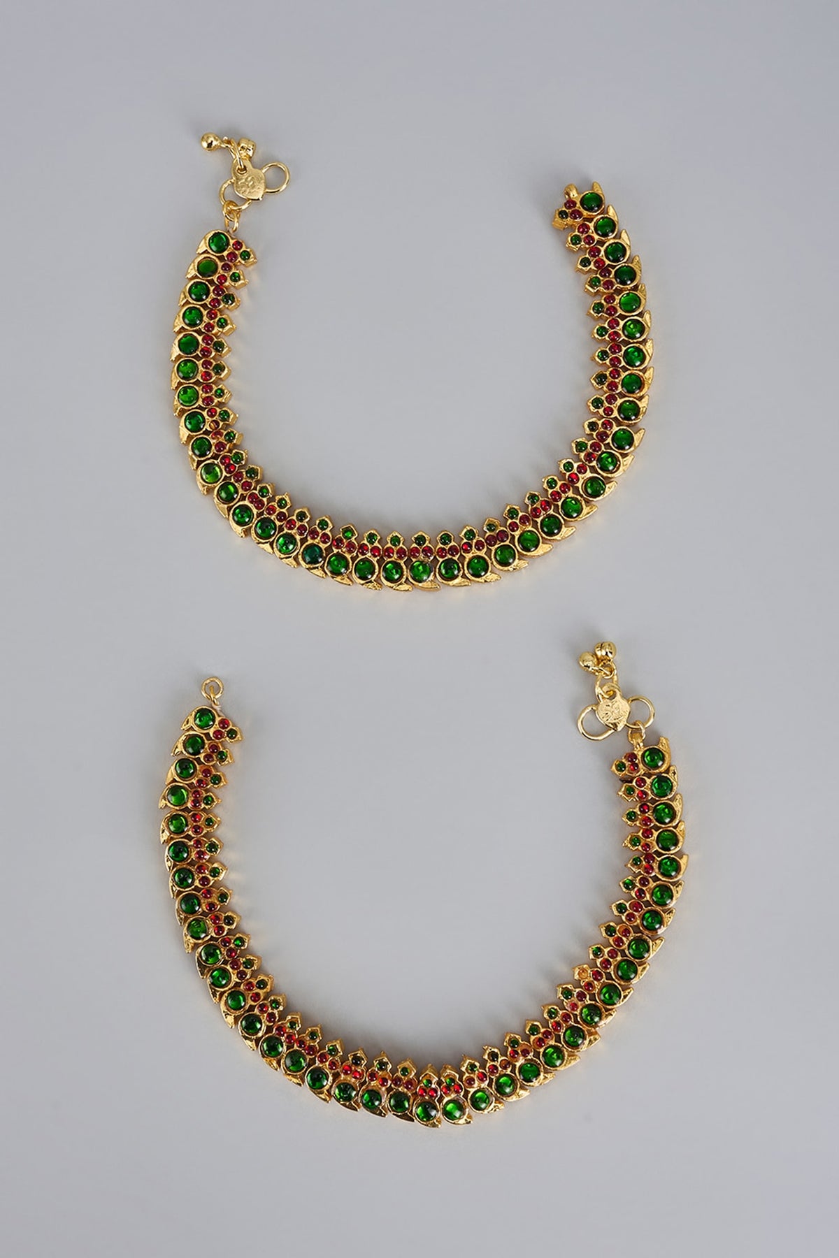 Gold Finish Kemp Stone Temple Anklets (Set of 2)