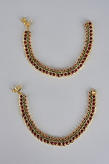 Gold Finish Kemp Stone Temple Anklets (Set of 2)