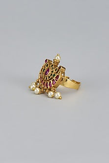 Gold Finish Kemp Stone & Pearl Temple Adjustable Ring
