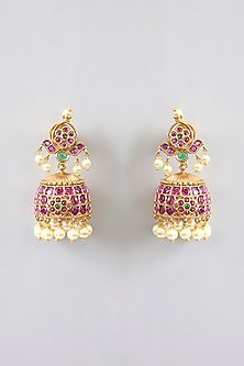 Gold Finish Kundan Polki & Kemp Stone Temple Necklace Set