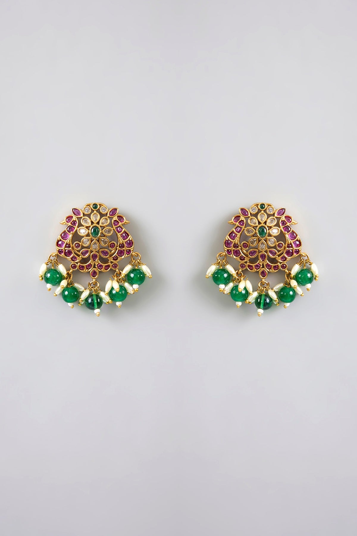Gold Finish Kundan Polki & Kemp Stone Temple Necklace Set