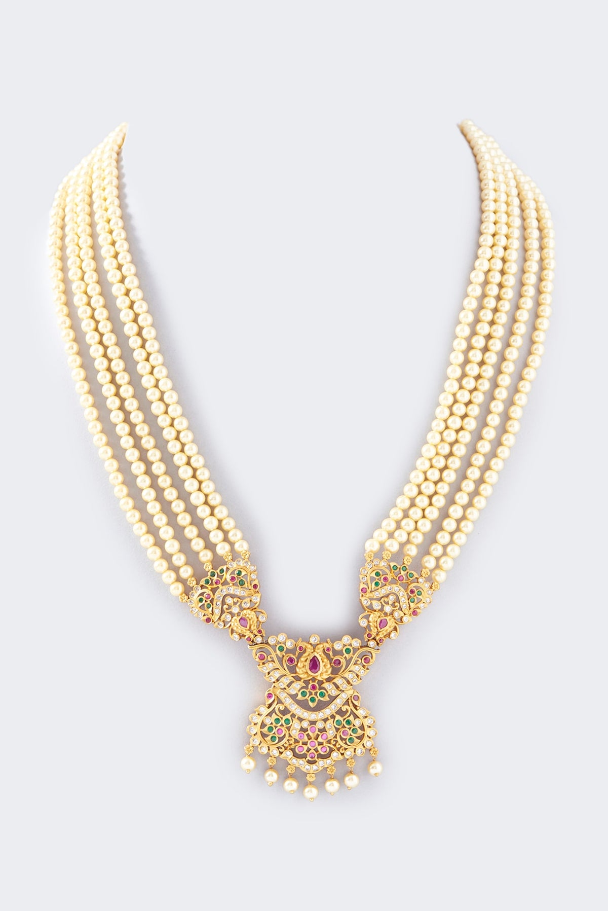Gold Finish Red & White Stone Necklace