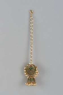 Gold Finish Green Kemp Stone & Pearl Temple Chandbali Bora Style Maangtikka