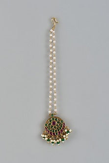 Gold Finish Pink Kemp Stone & Pearl Temple Maangtikka