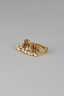Gold Finish Pink Kemp Stone & Pearl Temple Double Finger Lotus Ring