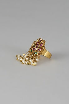 Gold Finish Pink Kemp Stone & Pearl Temple Lotus Ring