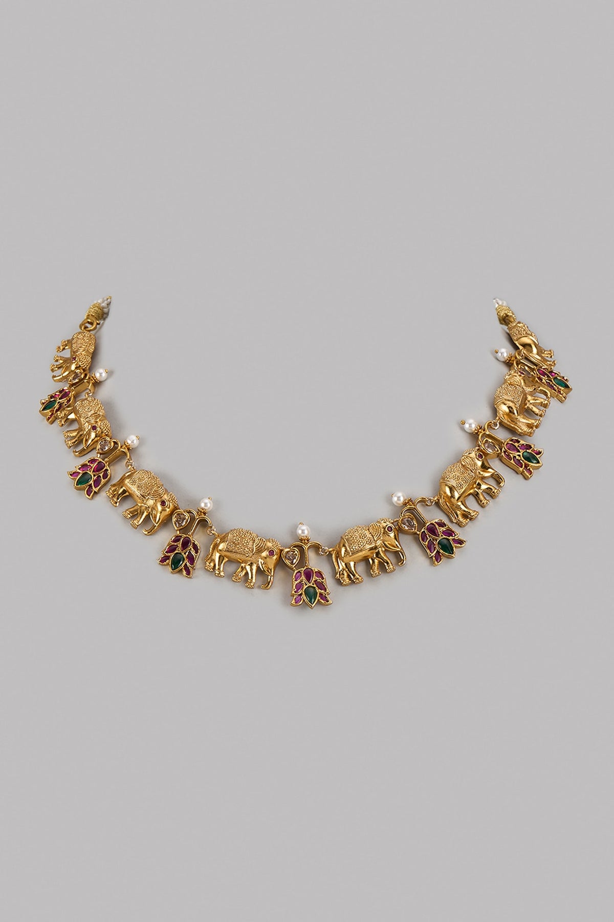 Gold Finish Pink Kemp Stone & Kundan Polki Temple Necklace