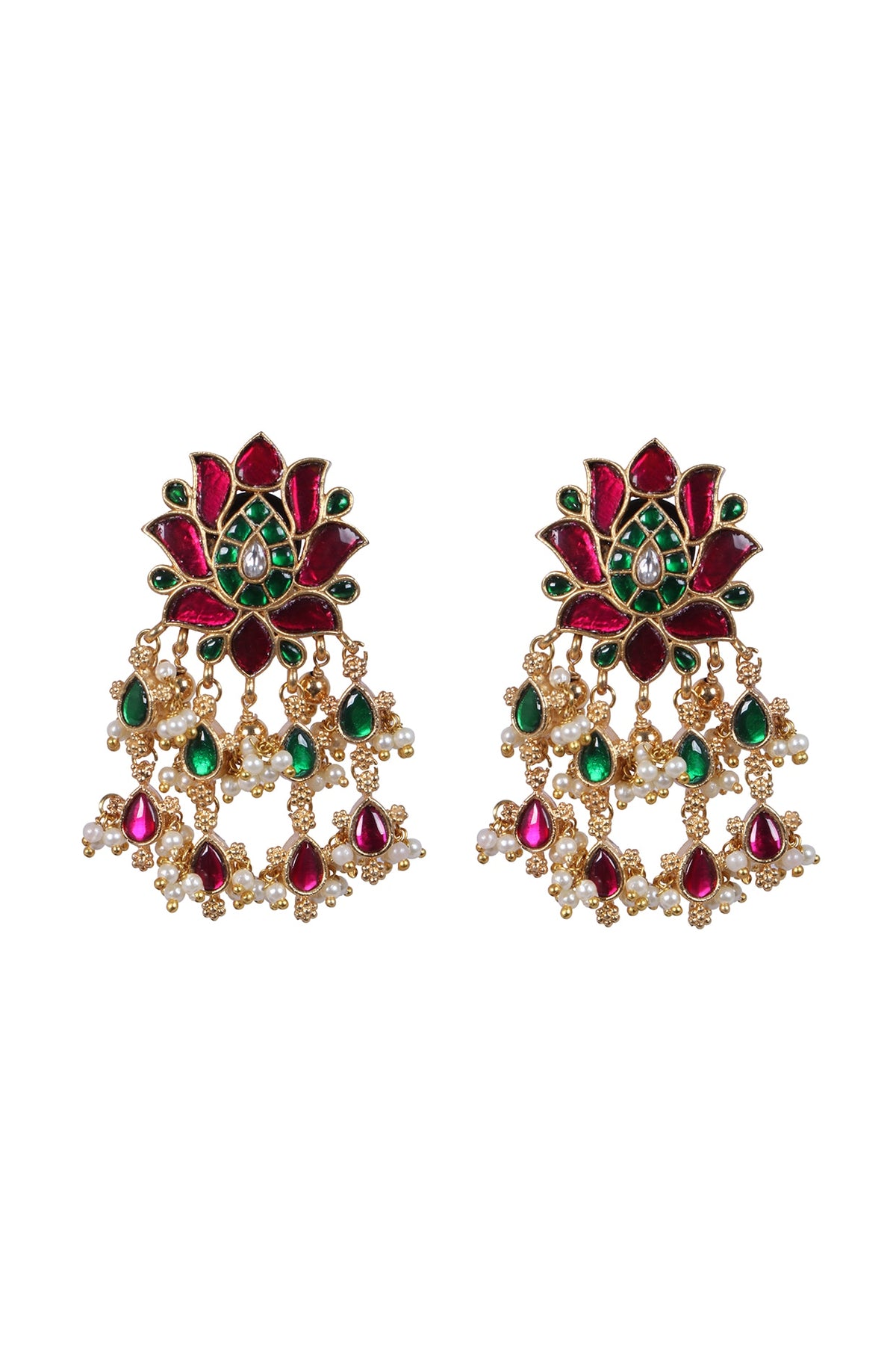 Gold Finish Kundan Polki & Green Stone Jhumka Earrings