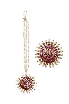 Gold Finish Kundan Polki & Kemp Stone Maangtikka Set