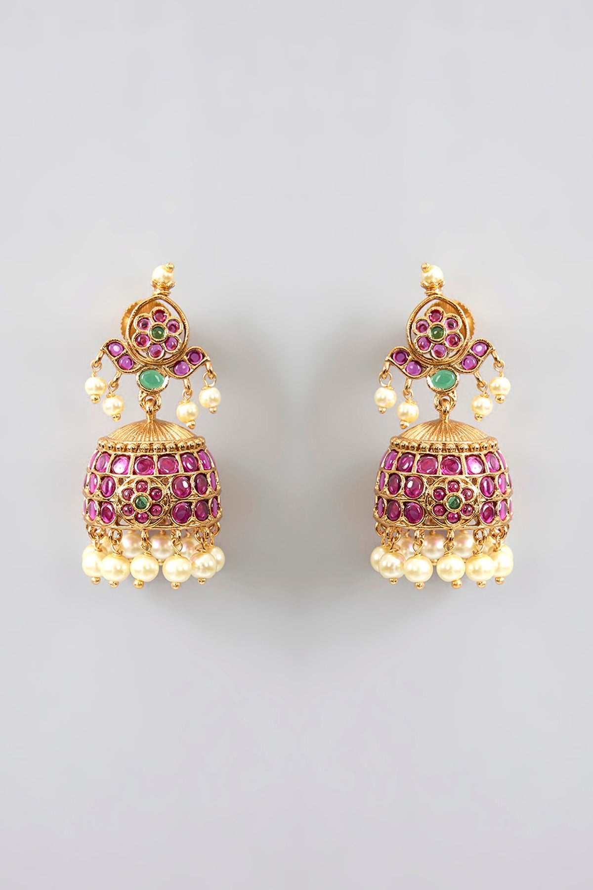 Gold Finish Kemp Stone & Pearl Drop Temple Jhumka Earrings