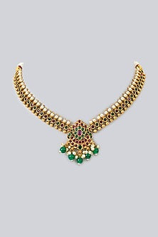 Gold Finish Kemp Stone & Green Bead Drop Temple Necklace