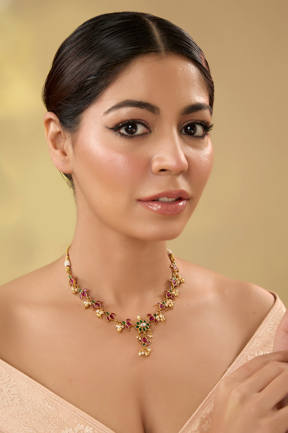 Gold Finish Pink & Green Kemp Stone Temple Necklace