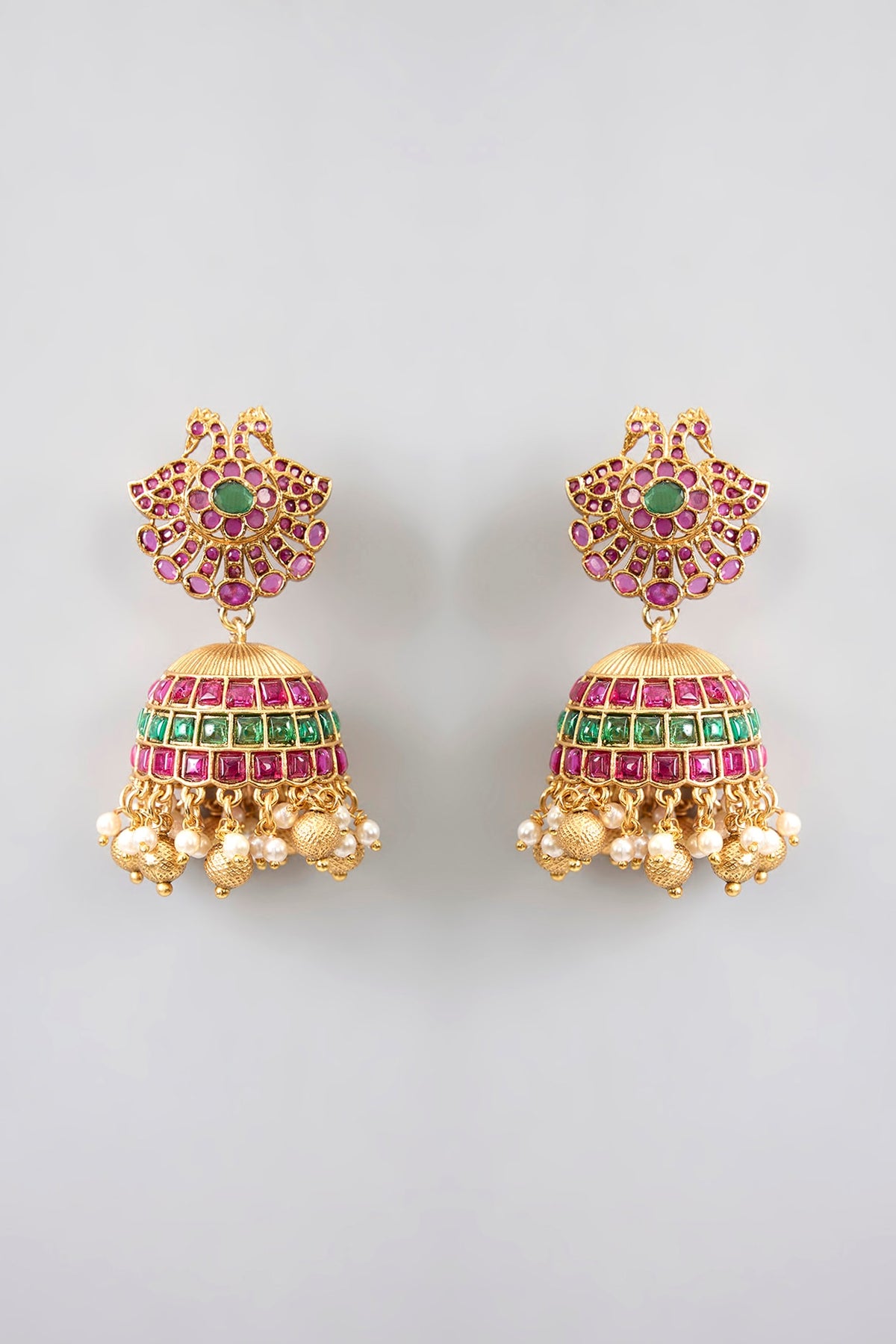 Gold Finish Kemp Stone & Pearl Drop Temple Jhumka Earrings
