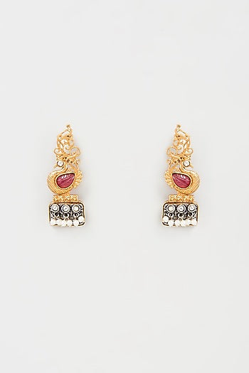 Gold Finish Red Synthetic Stone Dangler Earrings