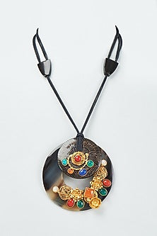 Gold Finish Navratna Stone & Gold Motifs Long Necklace