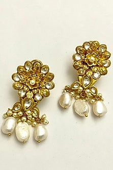 Gold Finish Pearl & Kundan Polki Floral Earrings