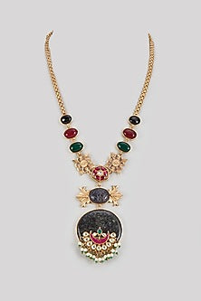 Gold Finish Onyx & Kundan Polki Long Necklace