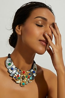 Gold Finish Navratna Necklace