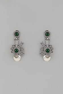 White Finish Green Stone & Cubic Zirconium Dangler Earrings