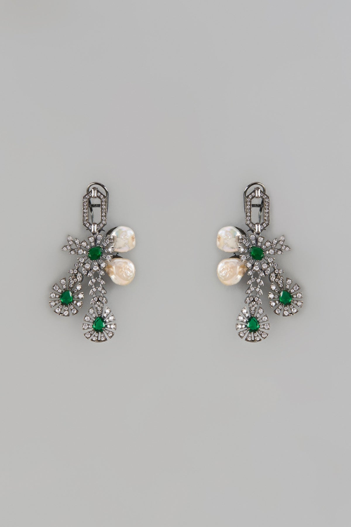 Black Rhodium Finish Green Stone & Cubic Zirconium Dangler Earrings