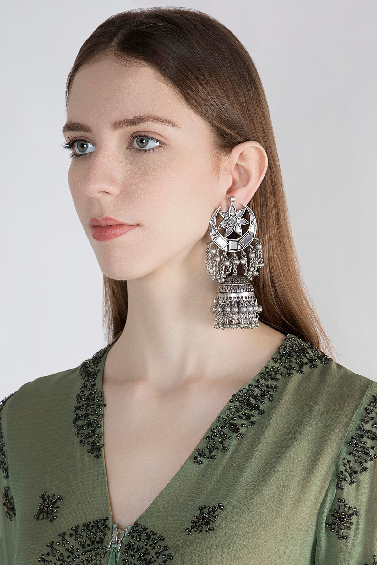 Antique Silver Finish Mirror Long Jhumka Earrings