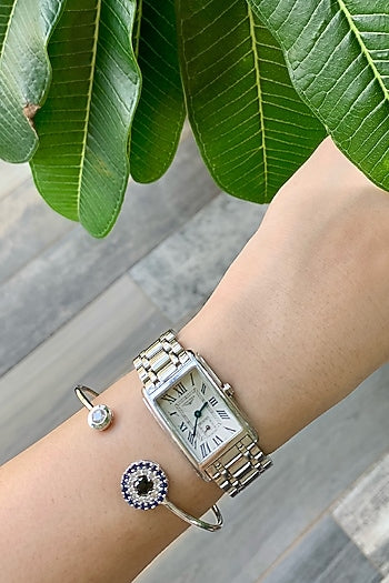 White Finish Evil Eye Bangle In Sterling Silver