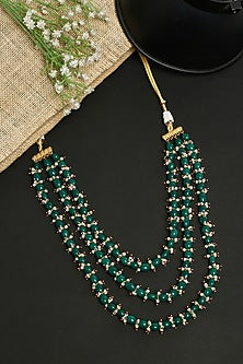 Gold Finish Green Synthetic Stone Beaded Long Necklace