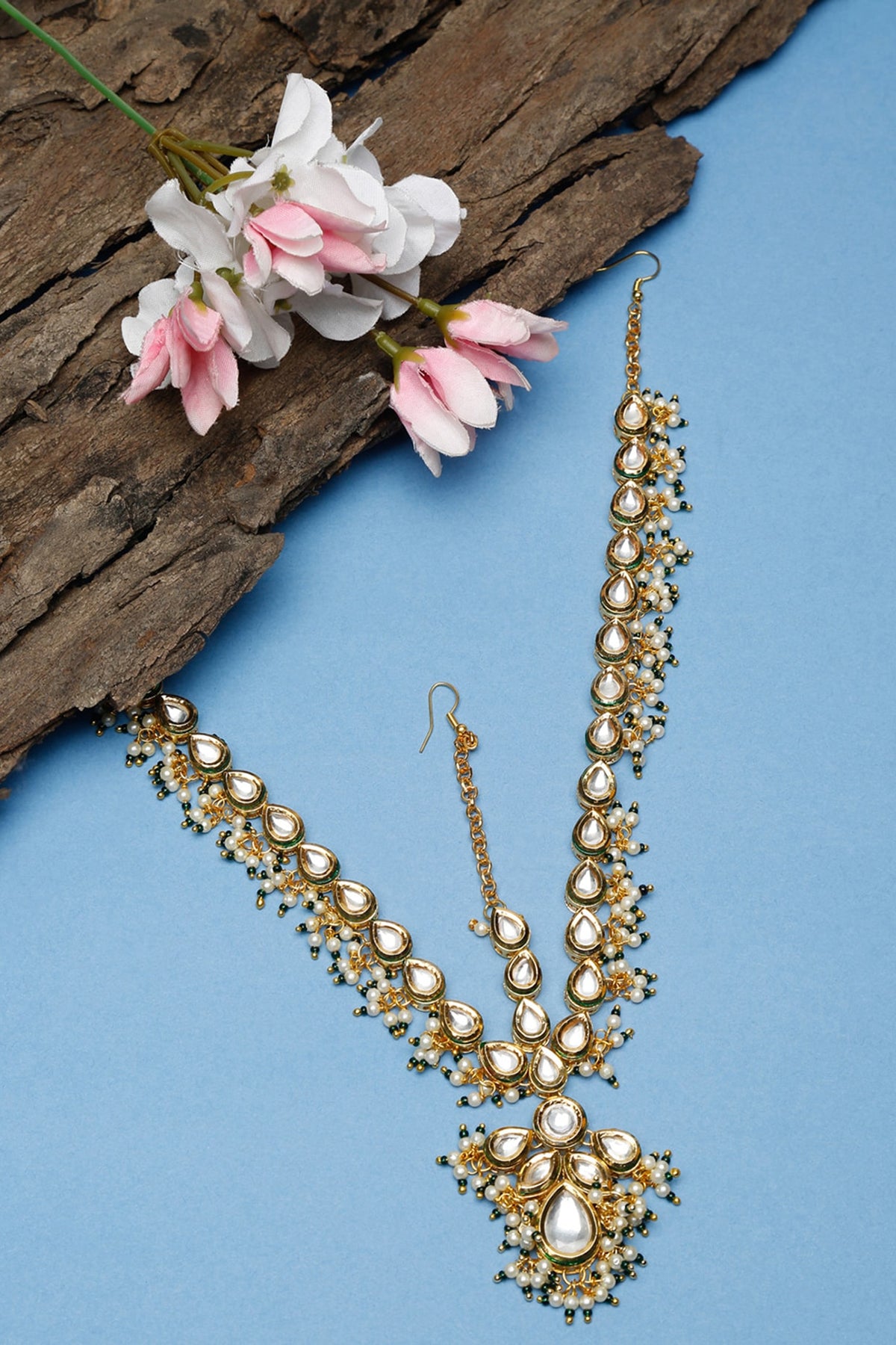 Gold Finish Green Kundan Polki & Pearl Mathapatti