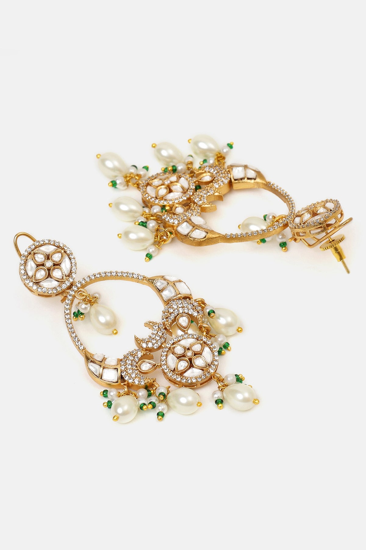 Gold Finish Kundan Polki & Pearl Chandbali Earrings