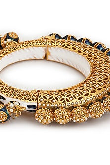 Gold Finish Pearl & Blue Synthetic Stone Meenakari Bangle