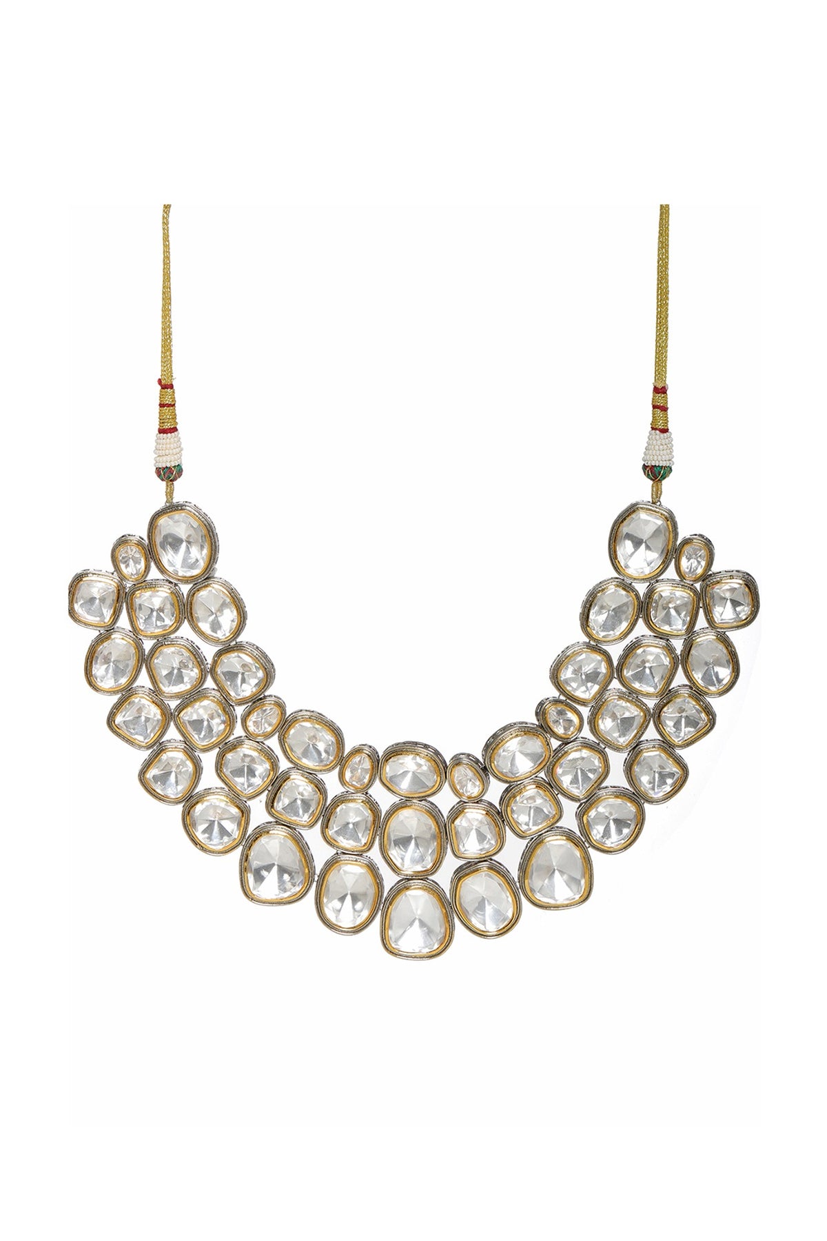 White Finish Kundan Polki Layered Choker Necklace In Sterling Silver