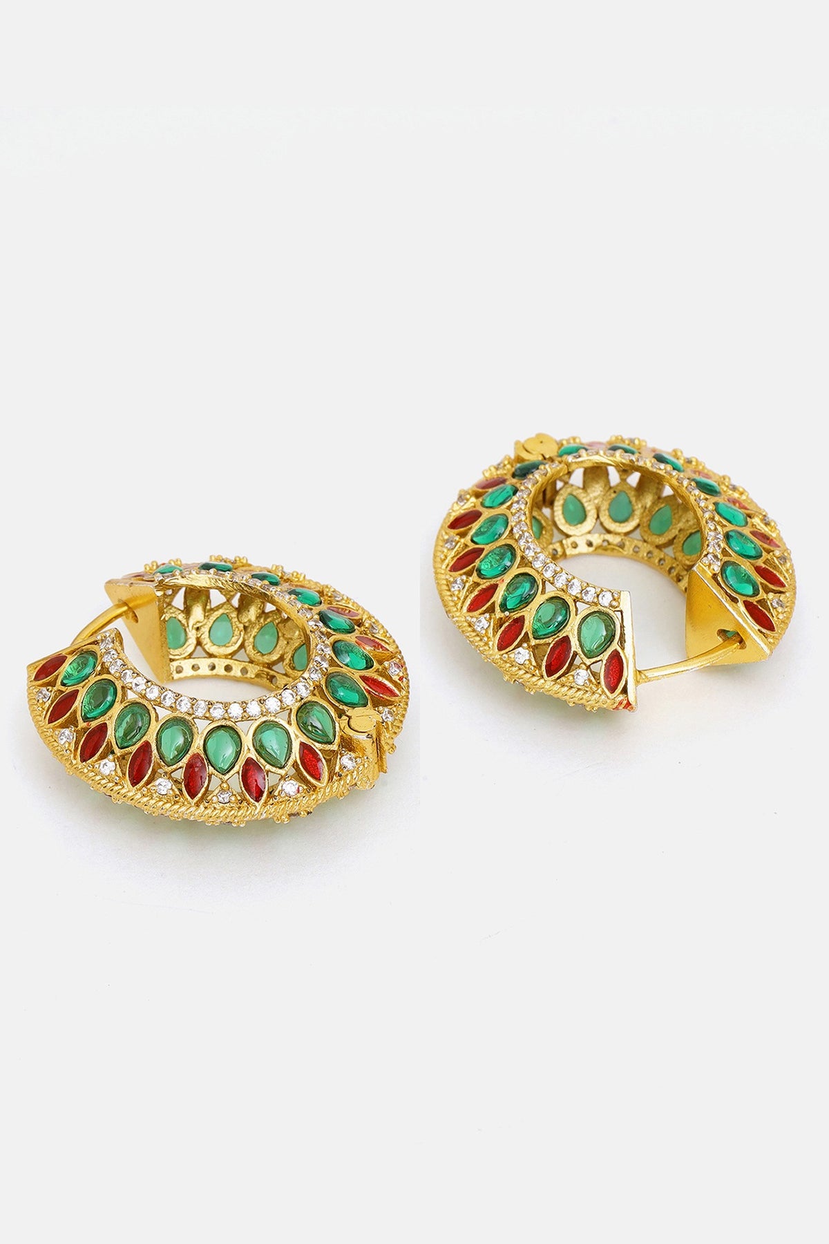 Gold Plated Multi-Colored Kundan Polki Hoop Earrings