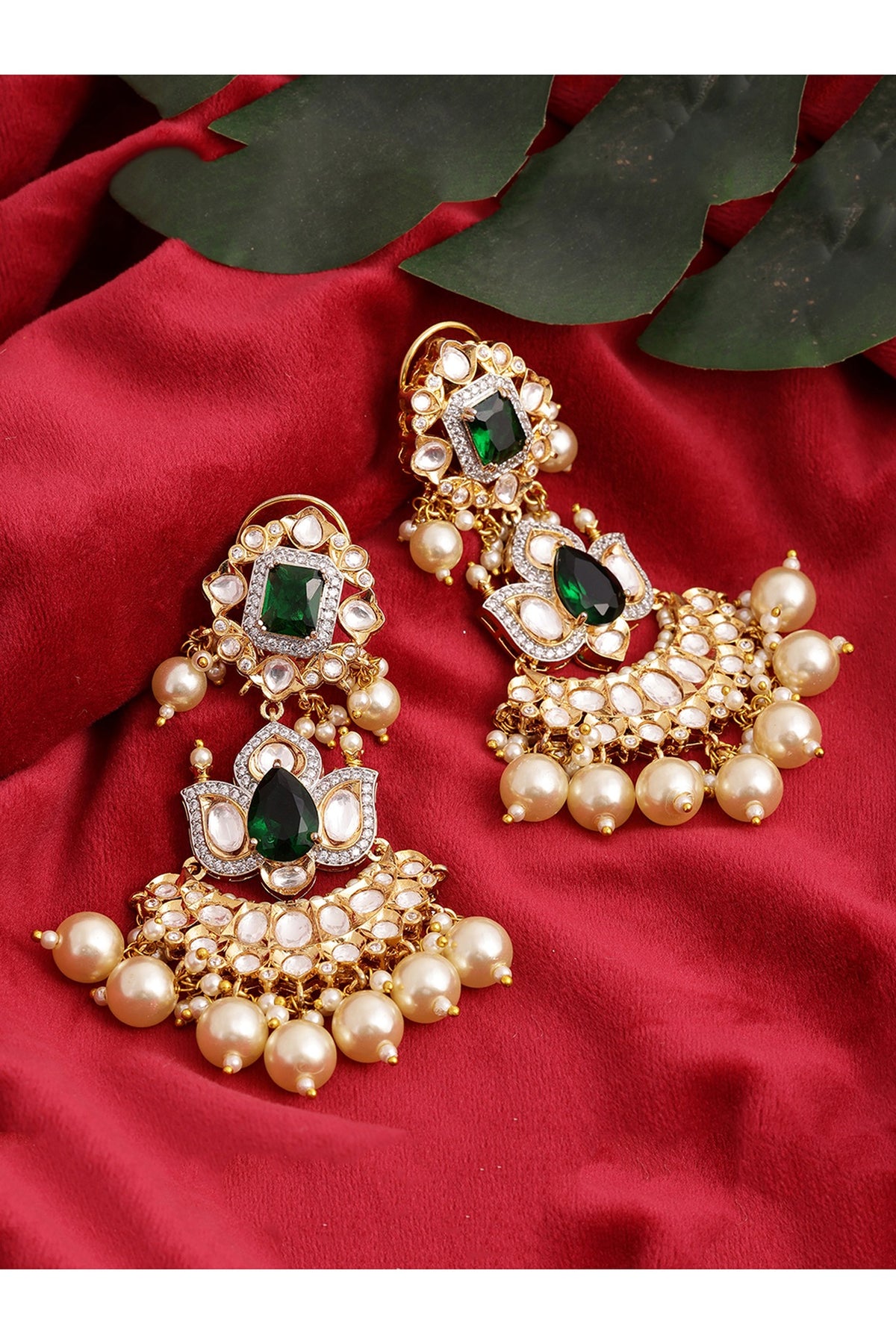 Gold Finish Kundan Polki & Pearl Dangler Earrings
