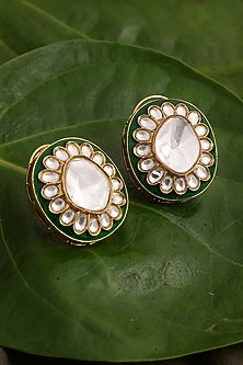 Gold Finish Kundan Polki Green Meenakari Stud Earrings