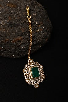 Gold Finish Kundan Polki & Emerald Maangtikka