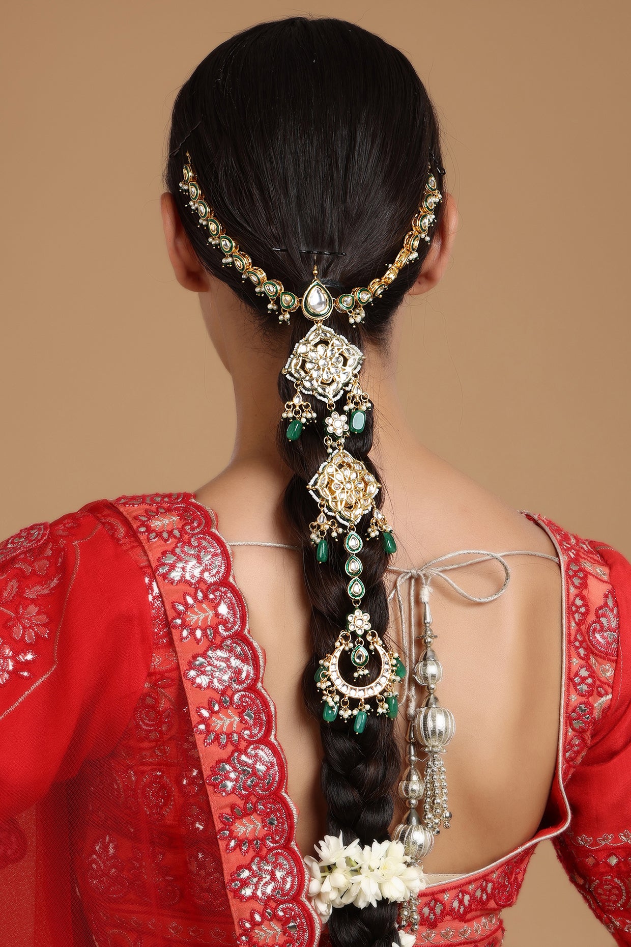 Gold Finish Kundan Polki & Stone Hair Braid