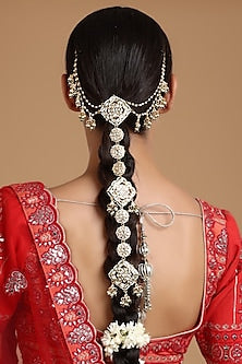 Gold Finish Kundan Polki & Pearl Hair Braid