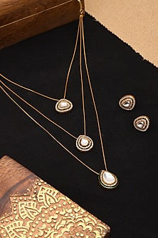 Gold Finish Kundan Polki Layered Necklace Set