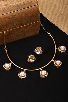 Gold Finish Kundan Polki & Moissanite Hasli Choker Necklace Set