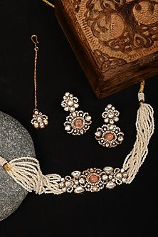 Gold Finish Kundan Polki & Pearl Choker Necklace Set