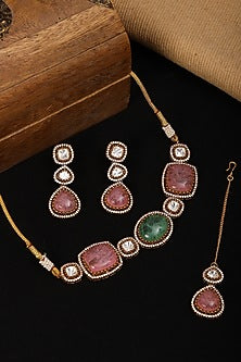 Gold Finish Multi-Colored Stone & Kundan Polki Choker Necklace Set