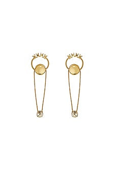 Gold Plated Champagne Swarovski Stone & Pearl Enameled Dangler Earrings