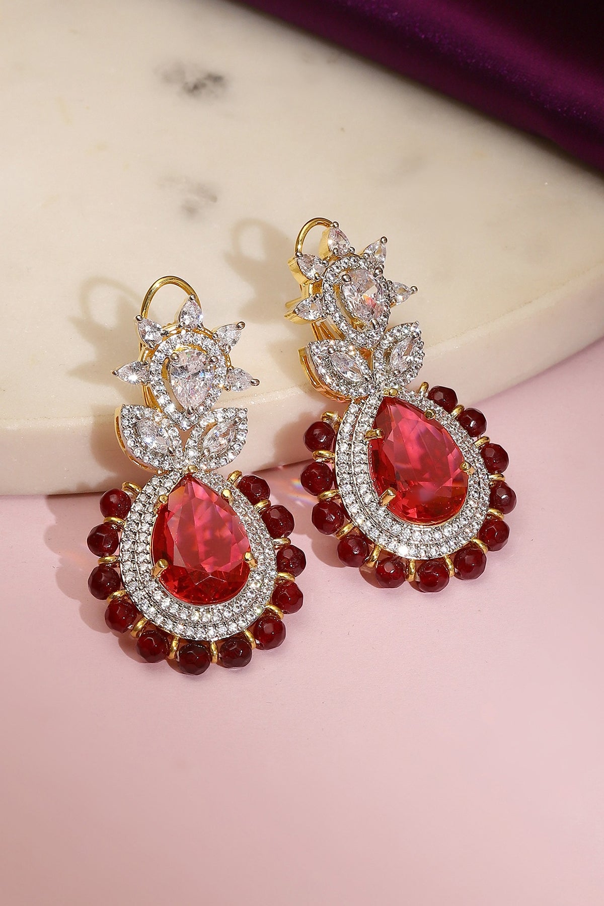 White Finish Ruby & Diamond Dangler Earrings