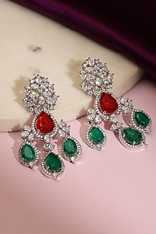 White Finish Diamond & Stone Dangler Earrings