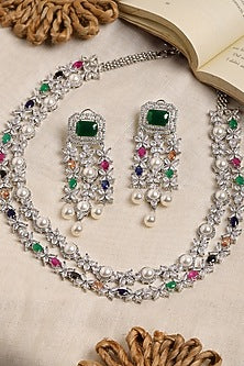 White Finish Multi-Colored Stone & Zircon Long Layered Necklace Set