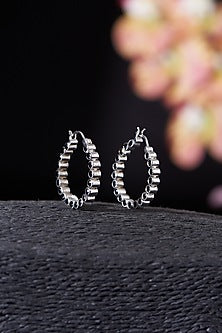 White Rhodium Finish Black Onyx Hoop Earrings In Sterling Silver