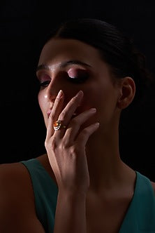 Gold Plated Spessartine Garnet & Moissanite Polki Ring In Sterling Silver