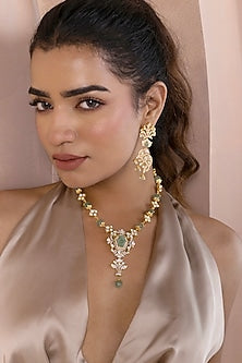 Gold Plated Moissanite Polki & Natural Aventurine Quartz Long Necklace In Sterling Silver